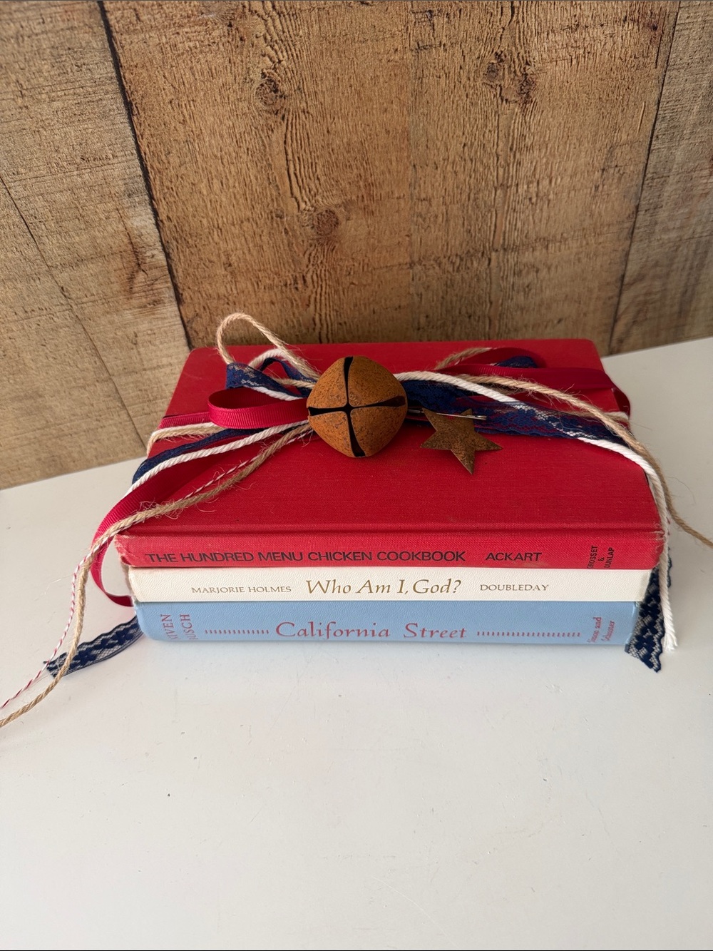 Red, White & Blue Decorative Book Stack with Jute, Ribbon and Rusty Bell & Star
